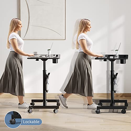 JYLH JOYSEEKER Mobile Standing Desk, 28 inch Pneumatic Sit to Stand Desk Height Adjustable Laptop Rolling Cart with Lockable Wheels for Home Offi