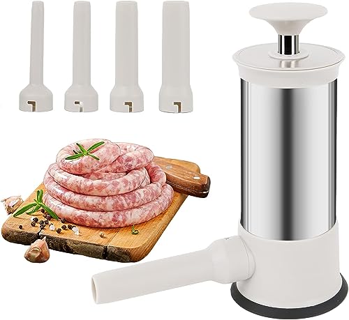 GENCAM Stainless Steel Sausage Filler, Manual Sausage Machine with 4 Sausage Filling Funnels, Sausage Filling Machine for Family Dinners, Restaur