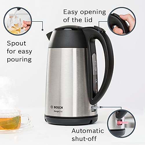 Bosch DesignLine TWK3P420GB Stainless Steel Cordless Kettle, 1.7 Litres, 3000W - Silver and Black