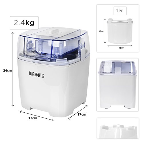 Duronic Ice Cream Maker IM540 Machine, Gelato, Sorbet, Frozen Yoghurt, Soft-Serve Dessert, 1.5L Bowl to Freeze for 8 Hours, Electric Churning, Co