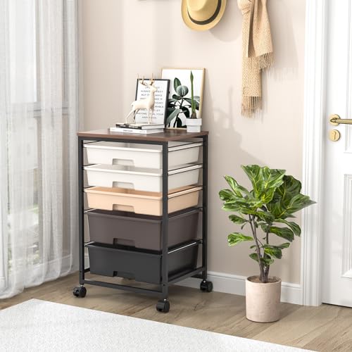 KINGRACK Storaeg Drawer Cart,Rolling Storage Cart with 5 Drawers, Storage Trolley Cart with Plastic Drawers,Utility Cart with Drawer,Wooden Table