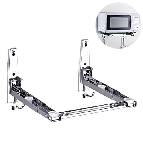 EsLuker.ly Universal Stainless Steel Microwave Oven Wall Mount Bracket with Removable Hooks, Arm Adjustable Foldable Kitchen Stretch Oven Stand S