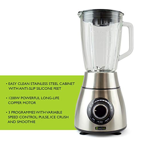 healthkick 1200w Ice Crushing Smoothie Blender - 1.8L Glass Jug - 3 Programmes: Pulse/Ice Crush/Smoothie - Variable Speed Control - Free Health a