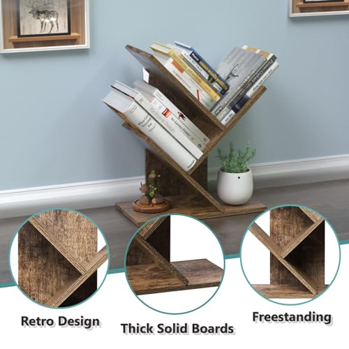 RUISHENG Tree Bookshelf, 4 Shelves Bookcase for Books/Magazines/CDs, Floor Standing Bookshelf for Office, Bedroom, Home (Rustic Brown)