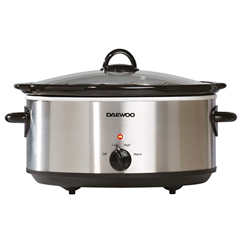 Daewoo Stainless Steel Slow Cooker With 3 Heat Settings And Power Indicator, Dishwasher Safe and Carry Handles With Raised Feet, Easy Clean, 6.5-