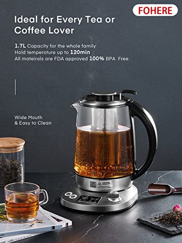 Kettle Electric with Variable Temperature Control - FOHERE Smart Glass Tea Kettle with 9 Presets - LCD Display - 2Hr Keep Warm - Removable Tea In