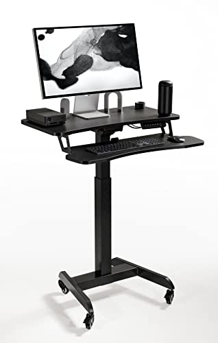 OCOMMO Automatic Height Adjustable 31.5 Inch Mobile Workstation with Keyboard Tray, Sit to Stand Up Tabletop Computer and Monitor Desk for Home O