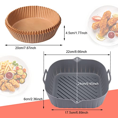 Air Fryer Silicone Pot, 2 Pcs 8.5" Reusable Silicone Liners Square, 50pcs 7.8"Air Fryer Paper Liners Oilproof for 4 to 7 Qt Air Fryer Baskets Air