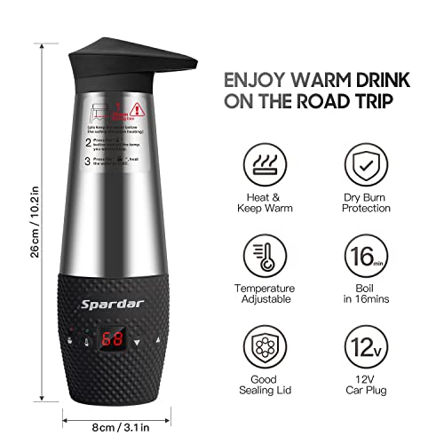Spardar 12v Kettle, Temperature Control Kettle, 348 ml Travel Kettles Electric Small for Car Camping, Portable Car Kettle for Hot Water, Double I