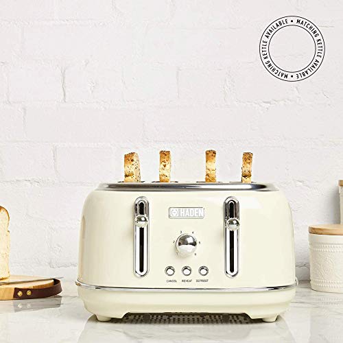 Haden Highclere Cream Toaster 4 Slice - Electric Stainless steel Toaster With Reheat And Defrost Functions - Easy To Clean - Removable Crumb Tray