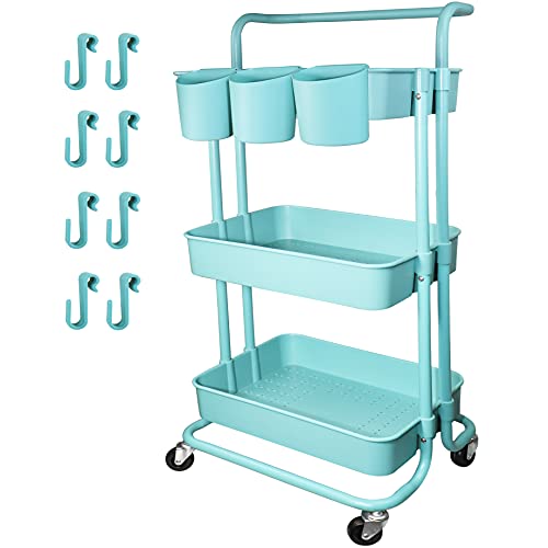 Piowio 3 Tier Utility Rolling Cart Multifunction Organizer Shelf Storage Cart with 3 Piece Cups and 8 Piece Hooks for Home Kitchen Bathroom Laund