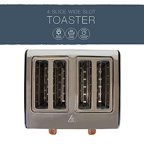 Kitchen Perfected 4 Slice Wide Slot Toaster, 6 Browning Settings, Defrost/Reheat/Cancel, High Lift, Centralisation Even Toasting - Black Stainles