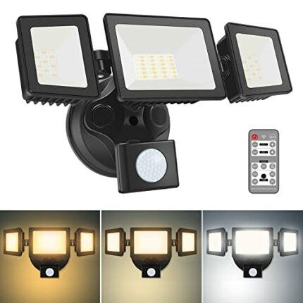 30W LED Security Lights with Motion Sensor, 2400LM Dimmable LED Floodlights Outdoor IP65 Waterproof, 3000K-6500K with Adjustable 3 Head, Remote C