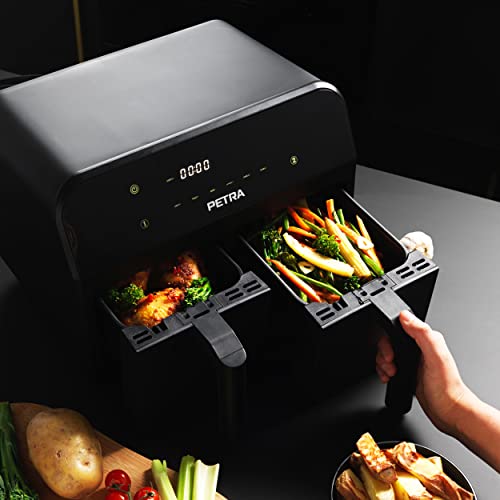 Petra PT4750BLK 7.4L Dual Air Fryer - Removable Non-Stick Cooking Drawers, Sync & Match Functions, XL Frying Trays, Adjustable Temperature, Digit
