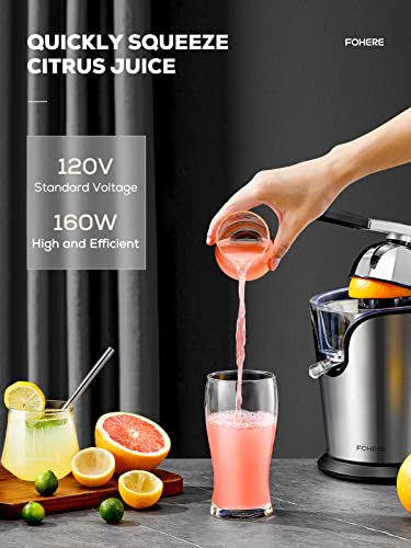FOHERE Orange Juicer Electric Citrus Juicer with Humanized Handle, Powerful 160W Silent Motor Stainless Steel BPA-Free, Two Size Cones for Grapef