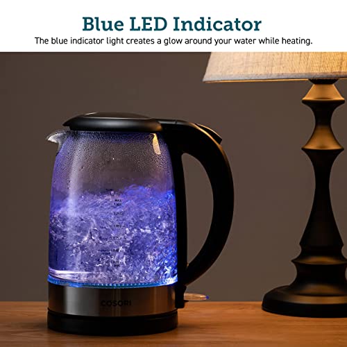 COSORI Electric Kettle Glass, Fast Boil Quiet, 3000W 1.5L with Blue LED, Stainless Steel Filter, Boil-Dry Protection, Black, BPA Free