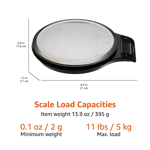 Amazon Basics Digital kitchen scales with LCD display (with batteries), Black and Stainless Steel, BPA free, Weighs up to 11 pounds