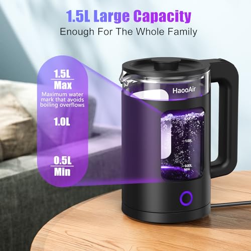 Haooair Kettle, 1.5 Liter Electric Kettle with 7 Colored Lights, Easy to Clean Glass Kettle, Fast Boil Quiet, BPA-Free, Boil-Dry Protection