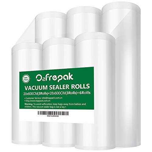 O2frepak 6Pack (3)20x600cm and (3)28x 600cm Food Textured Vacuum Sealer Bags Rolls with BPA Free,Embossed Vacume Sealer Storage Bags Rolls for Fo