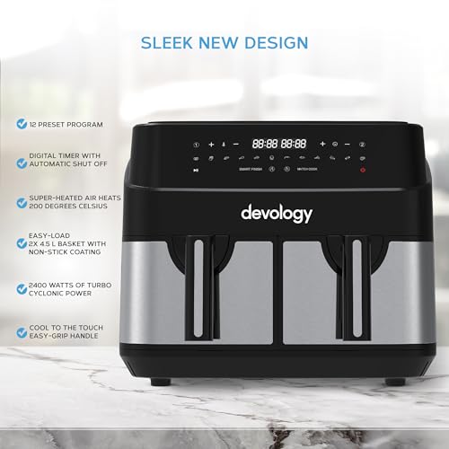 Devology Double Air Fryer - 10L - 2 x 5L Independent Dual Zone Air Fryer -50 Recipe Cookbook- 12 Cooking Programs - Digital LED Display Airfryer
