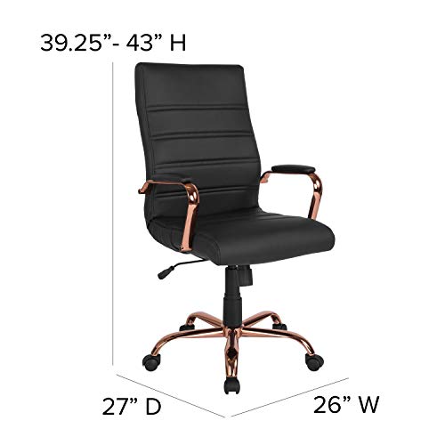 EMMA + OLIVER High Back Black LeatherSoft Executive Swivel Office Chair - Rose Gold Frame/Arms
