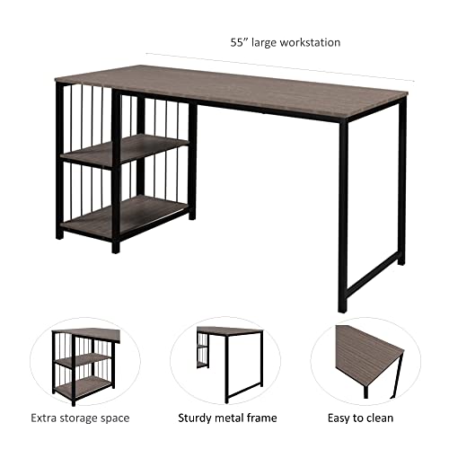 N/A 55" Laptop Desk Writing Desk with 2 Storage Shelves Left or Right Metal Frame Home Office Computer Desk (Color : A)