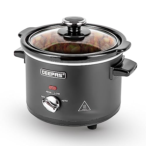 Geepas 1.5 Litre Slow Cooker | 3 Temperature Settings, Removable Easy-Clean Ceramic Bowl | Tempered Glass Lid & Cool Touch Handles, Matt Design |