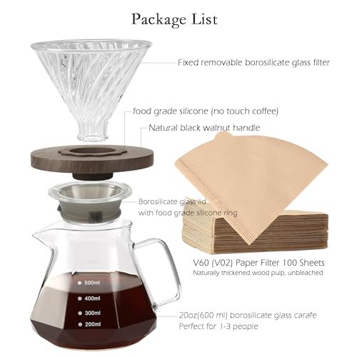 Lalord Pour Over Coffee Maker, 600 ml Borosilicate Glass Carafe with V60 Paper Filter 80 Sheets, Walnut Handle, Drip Coffee Maker for Home Café R