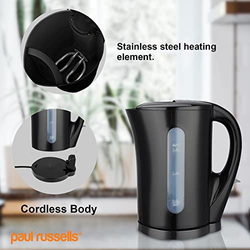 paul russells Electric Plastic Kettle, 2200W 1.7L, Hot water dispenser, Black Boil-Dry Protection, Auto Shut off Stirx Control