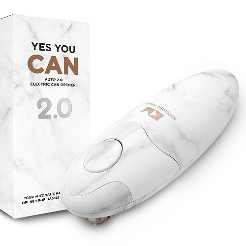 Kitchen Mama Electric Tin Can Opener V2 - Upgraded Blade Opens Any Can Shape, Smooth Edges, Hygienic Lid Remover, Compact & Cordless - Marble Whi