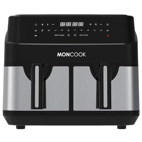 MONCOOK Double Air Fryer - 2 In 1 Airfryer 9L With 2 x 4.5L Baskets - 50 Recipe Cookbook - Smart Finish Function - Digital LED Display Airfryer -
