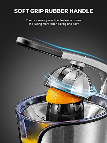 FOHERE Orange Juicer Electric Citrus Juicer with Humanized Handle, Powerful 160W Silent Motor Stainless Steel BPA-Free, Two Size Cones for Grapef