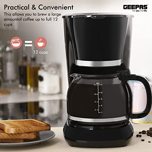 GEEPAS 1.5L Filter Coffee Machine | 800W Coffee Maker for Instant Coffee, Espresso, Macchiato & More | Boil-Dry Protection, Anti-Drip Function, A