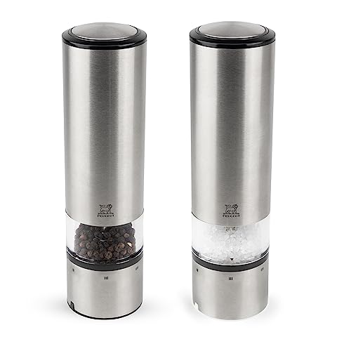 PEUGEOT - Elis Sense u'Select 20 cm Electric Salt And Pepper Mill Set + Pepper Vial & Rock Salt Included + Display Tray - 6 Predefined Grind Sett