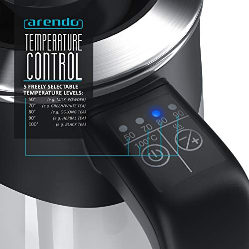 Arendo - Electric Kettle 0.5 Litre Cordless - Stainless Steel Water Boiler with 5 Temperature Values Selectable - Double Walled Design - Small Ke