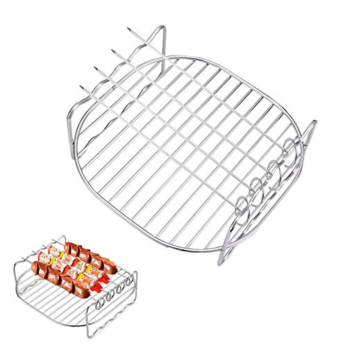 HSIULMY Air Fryer Double Layer Rack, Multi-purpose Air Fryer Accessories with 4 Skewers, 6.8 Inch Stainless Steel Airfryer Grill Pan Compatible w