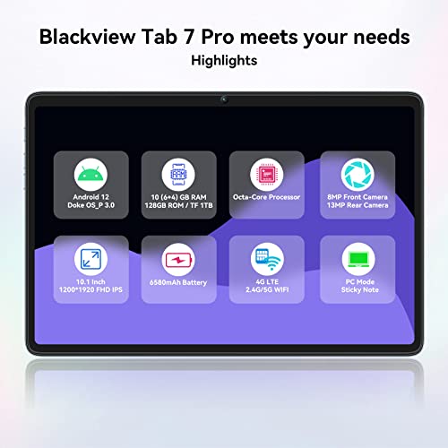 Tablets 10 inch Blackview Tab 7 Pro Android 12 Tablets, 10GB RAM+128 ROM(Up to 1 TB TF), Quad Core Processor, 1920×1200FHD IPS, Tablet with Sim C