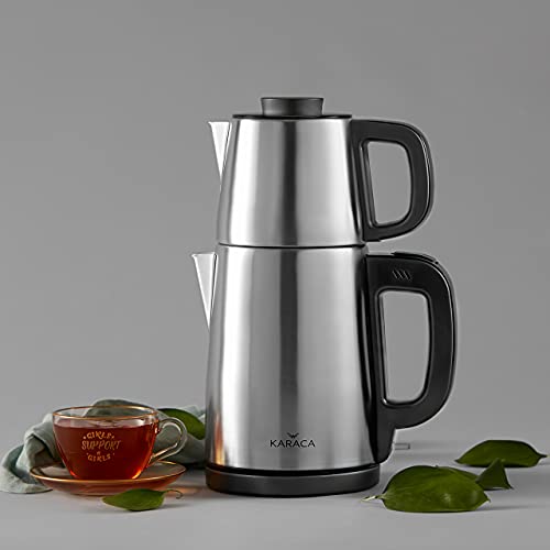 Karaca INOX Black 1650W Tea Maker, Tea Break Cay Makinesi, Turkish Tea Maker Machine, Stainless Steel, Automatic Electric Tea Maker Kettle, Hot T
