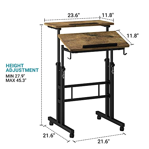 Klvied Rolling Mobile Desk with Cup Holder, Portable, Adjustable Height Small Stand up Desk on Wheels for Home Office Laptop Cart, Computer, Stan