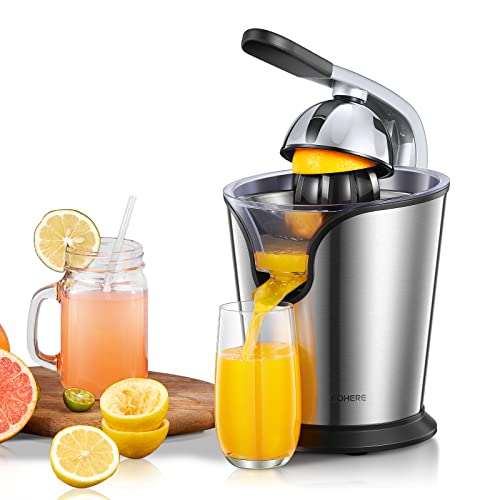 FOHERE Orange Juicer Electric Citrus Juicer with Humanized Handle, Powerful 160W Silent Motor Stainless Steel BPA-Free, Two Size Cones for Grapef