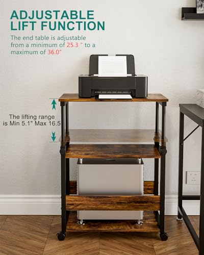 Printer Stand, Computer Tower Stand with Storage, Height Adjustable Printer Cart Under Desk, Rolling Printer Table for Home Office, Rustic Brown