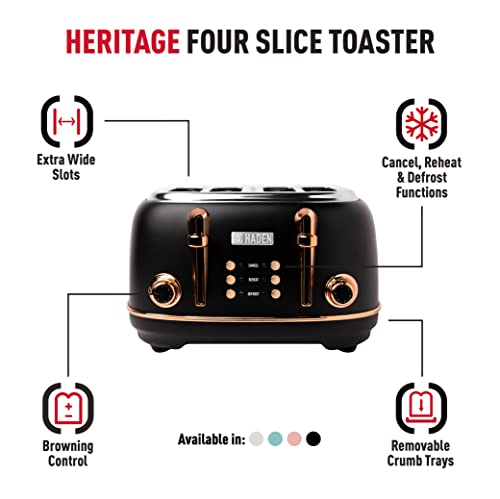 Haden Heritage Black Toaster 4 Slice - Adjustable Browning Control, Reheat and Defrost Functions 4 Slice Toaster - Stainless Steel Toaster 4 Slic