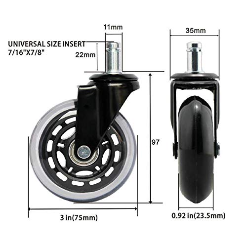 SKOAJAS Plate Casters 3 inches 75mm Castor Wheels for Office Chair M11 Stem Casters for Furniture Swivel Castors 320kg Silent PU Universal Transp