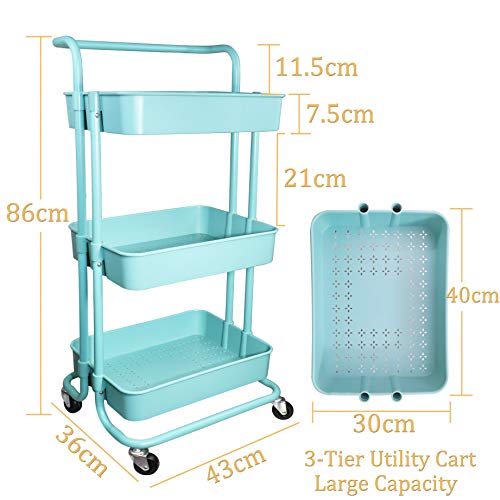 Piowio 3 Tier Utility Rolling Cart Multifunction Organizer Shelf Storage Cart with 3 Piece Cups and 8 Piece Hooks for Home Kitchen Bathroom Laund
