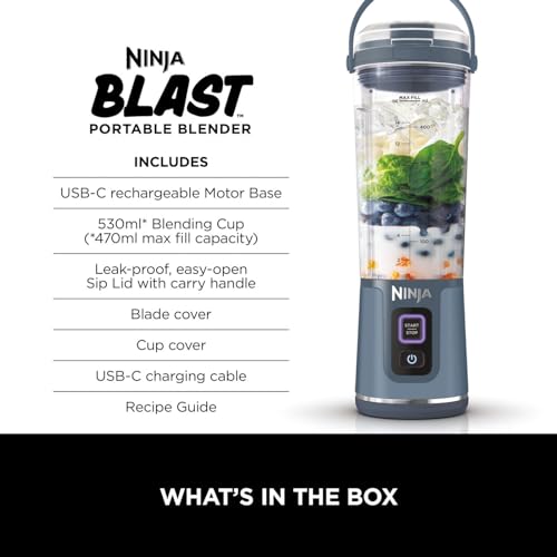 Ninja Blast Portable Blender, 530ml, Leakproof Lid & Sip Spout, Powerful Cordless Mini Blender, Rechargeable, Portable Smoothies, Protein Shakes,