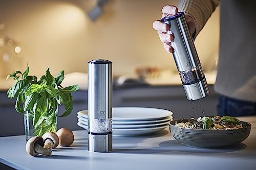 PEUGEOT - Elis Sense u'Select 20 cm Electric Salt And Pepper Mill Set + Pepper Vial & Rock Salt Included + Display Tray - 6 Predefined Grind Sett