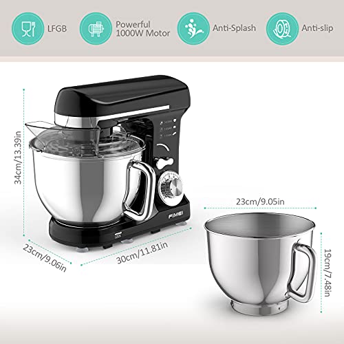 FIMEI Stand Mixer, Food Mixer 1000W, 5L Dough Mixer, Mixers for Baking with Stainless Steel Bowl, Beater, Hook and Whisk, Dishwasher Safe (Black)