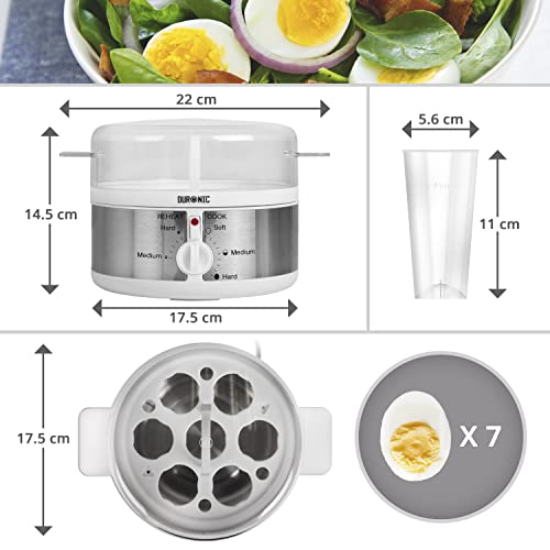 Duronic 7 Egg Boiler EB35 WE, Egg Cooker with Buzzer, Egg Steamer makes Soft | Medium | Hard Boiled Eggs Alarm Timer Settings, Includes Egg Pierc