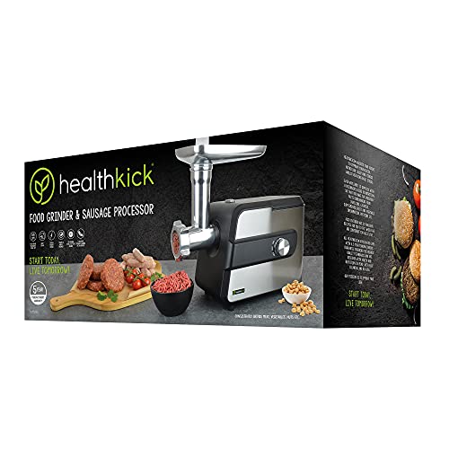 healthkick Electric Food Meat Grinder and Mincer/Burger, Sausage, Mince and Kibbeh Maker/Powerful Motor: 2600W Max/Stainless Steel / 8 Attachment