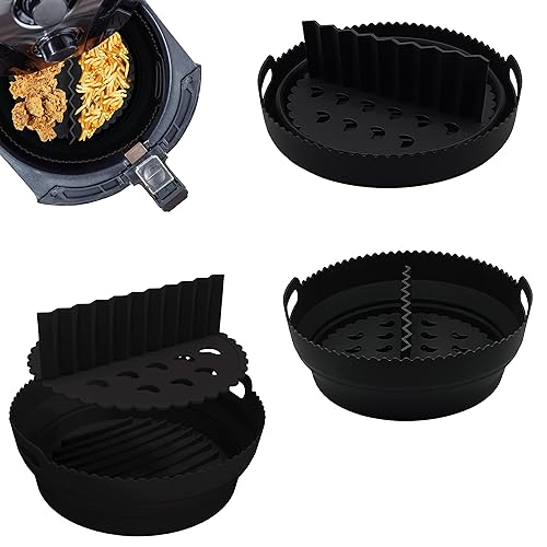 Black Silicone Air Fryer Liner 8 Inch, Collapsible Pot with Removable Food Separator/Divider, Reusable Air Fryer Liners, Tower & Round Air Fryer